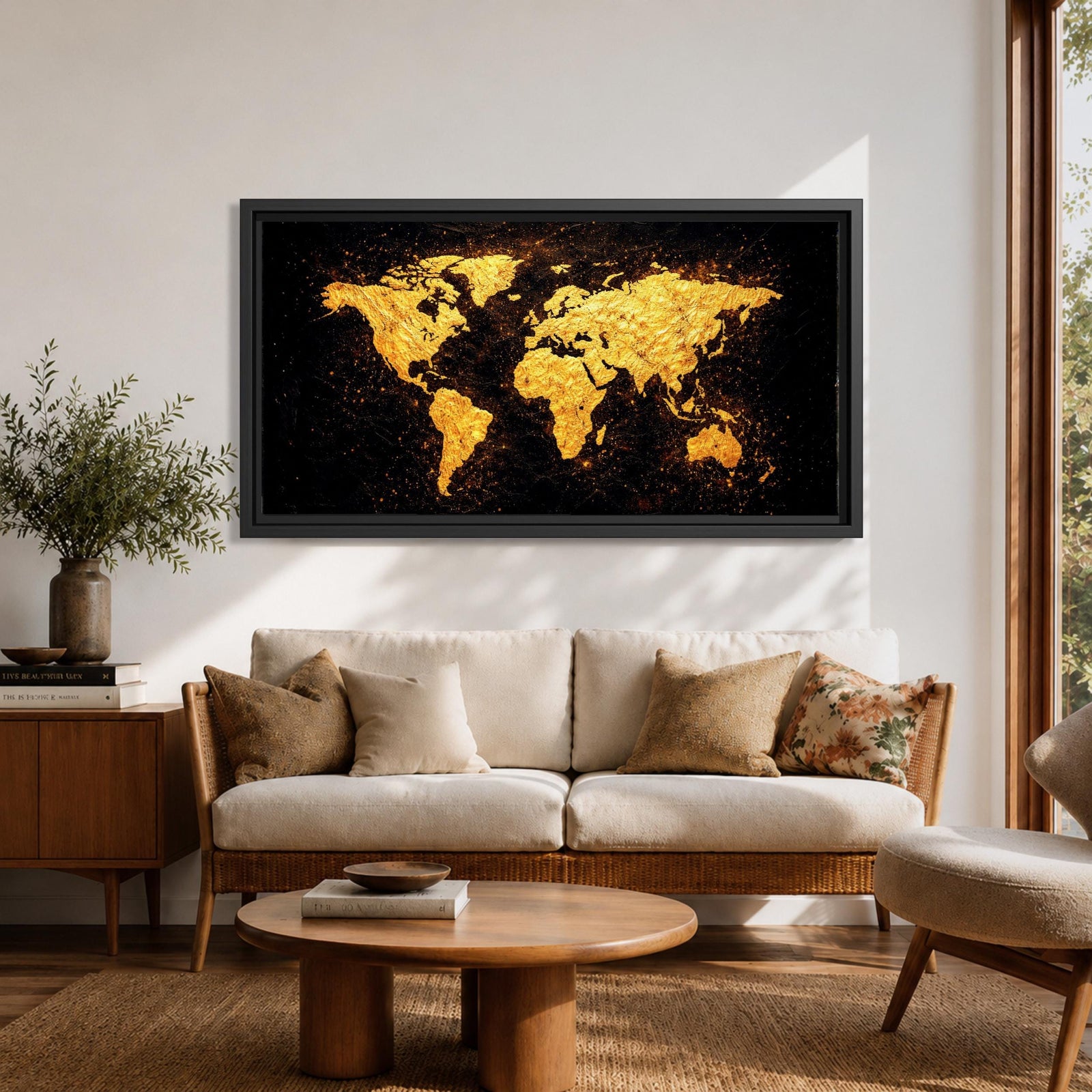 Panoramic artwork of a world map rendered in textured metallic gold against a deep black background. The continents appear with rough painterly edges and splattered gold accents, creating a bold global composition with strong contrast and modern map styling.