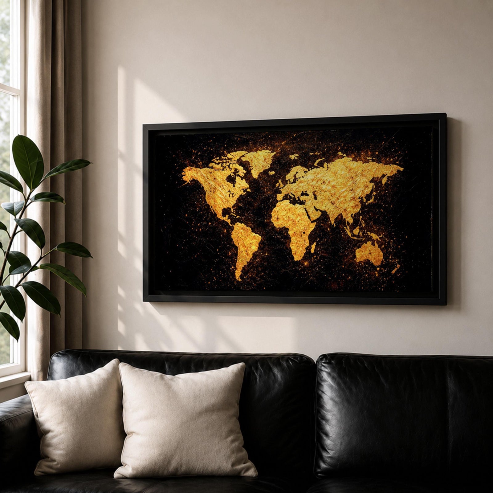 Panoramic artwork of a world map rendered in textured metallic gold against a deep black background. The continents appear with rough painterly edges and splattered gold accents, creating a bold global composition with strong contrast and modern map styling.
