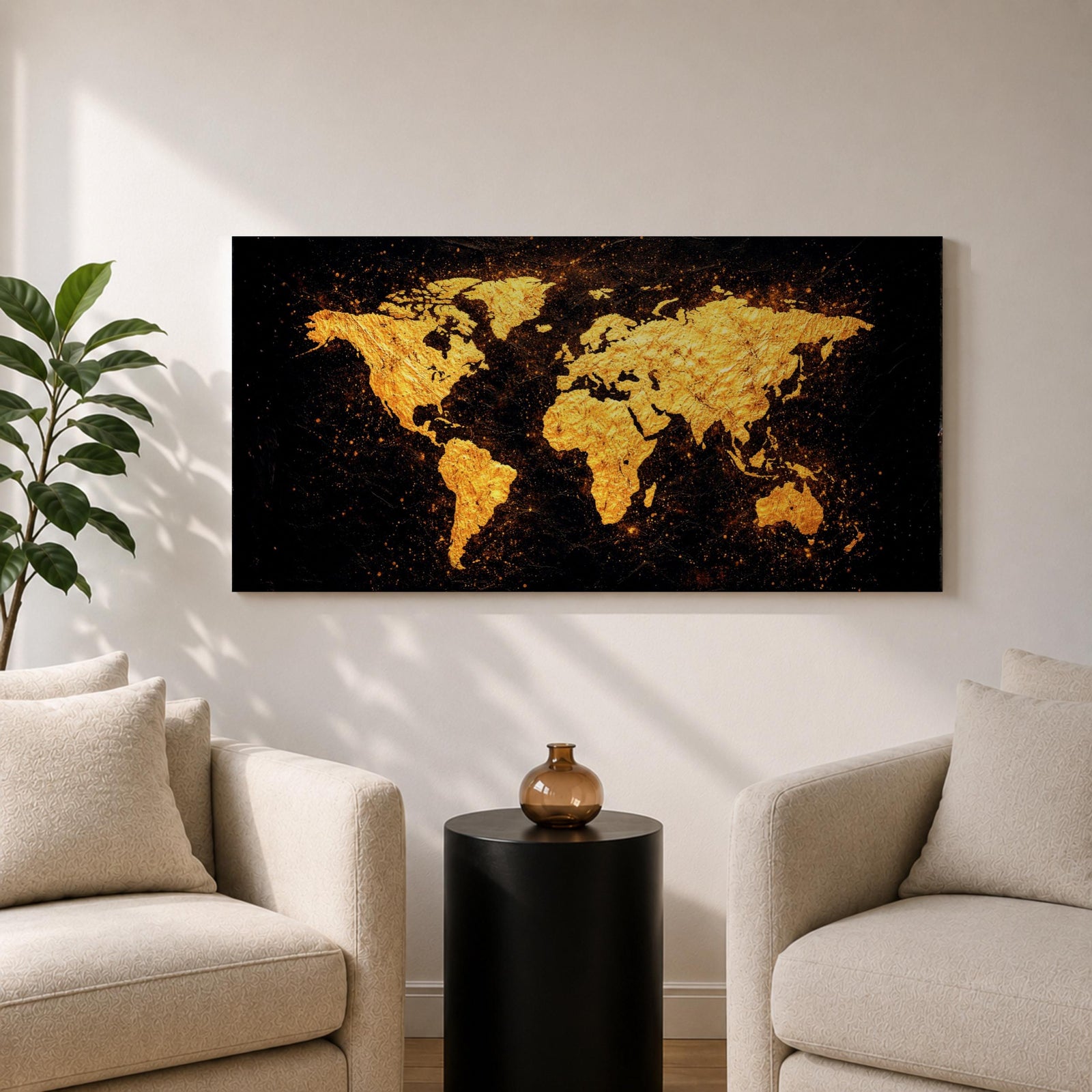 Panoramic artwork of a world map rendered in textured metallic gold against a deep black background. The continents appear with rough painterly edges and splattered gold accents, creating a bold global composition with strong contrast and modern map styling.