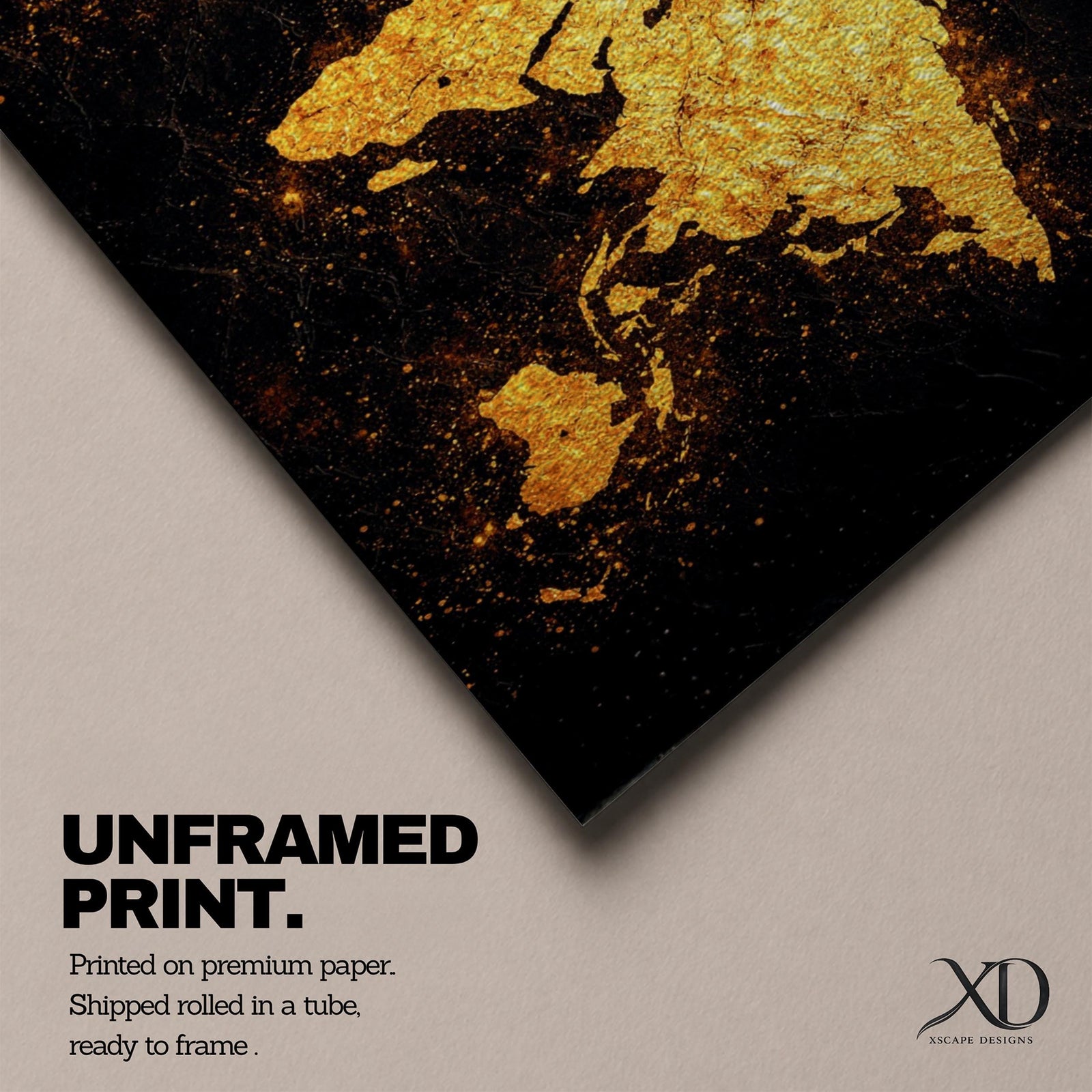 Panoramic artwork of a world map rendered in textured metallic gold against a deep black background. The continents appear with rough painterly edges and splattered gold accents, creating a bold global composition with strong contrast and modern map styling.