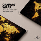 Panoramic artwork of a world map rendered in textured metallic gold against a deep black background. The continents appear with rough painterly edges and splattered gold accents, creating a bold global composition with strong contrast and modern map styling.