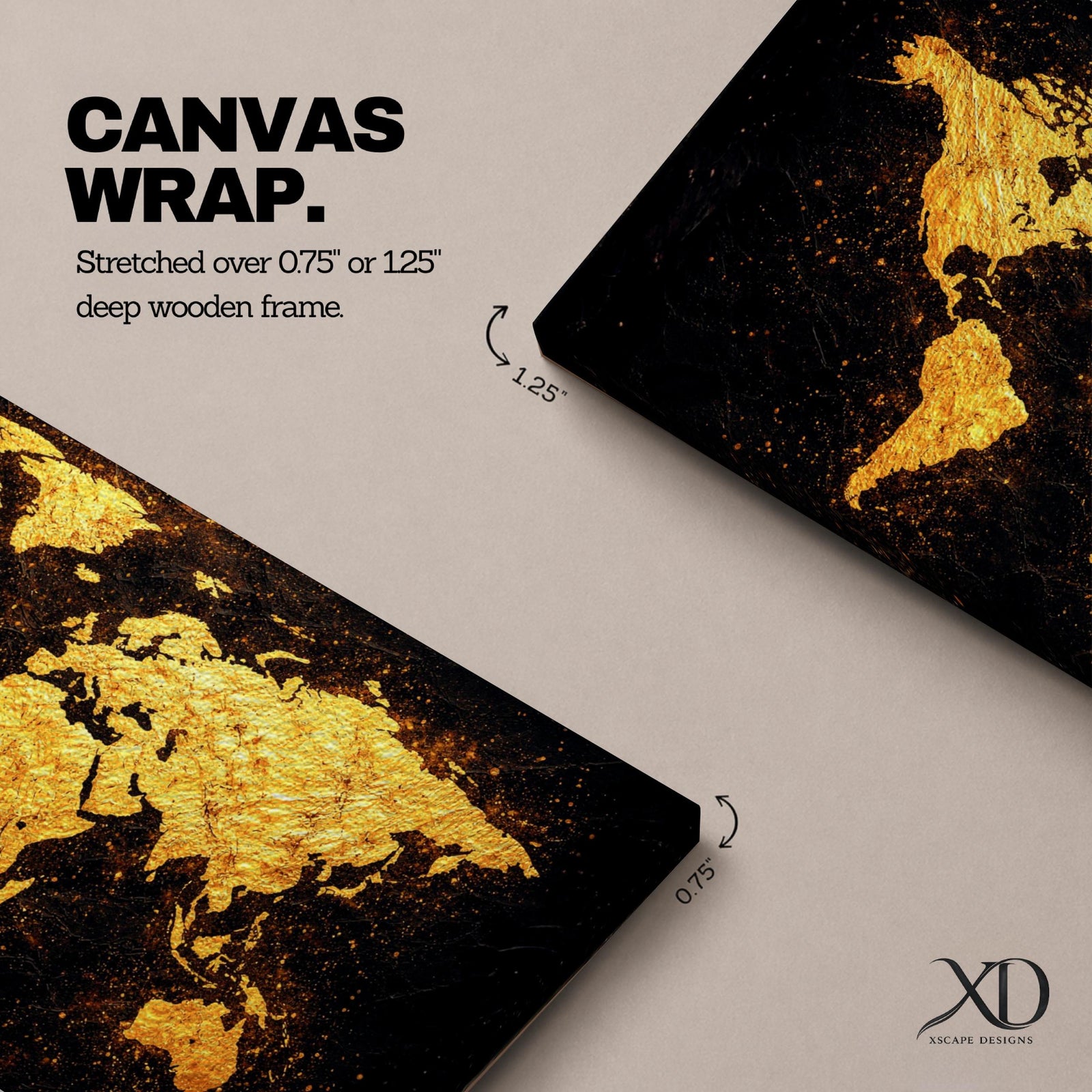 Panoramic artwork of a world map rendered in textured metallic gold against a deep black background. The continents appear with rough painterly edges and splattered gold accents, creating a bold global composition with strong contrast and modern map styling.