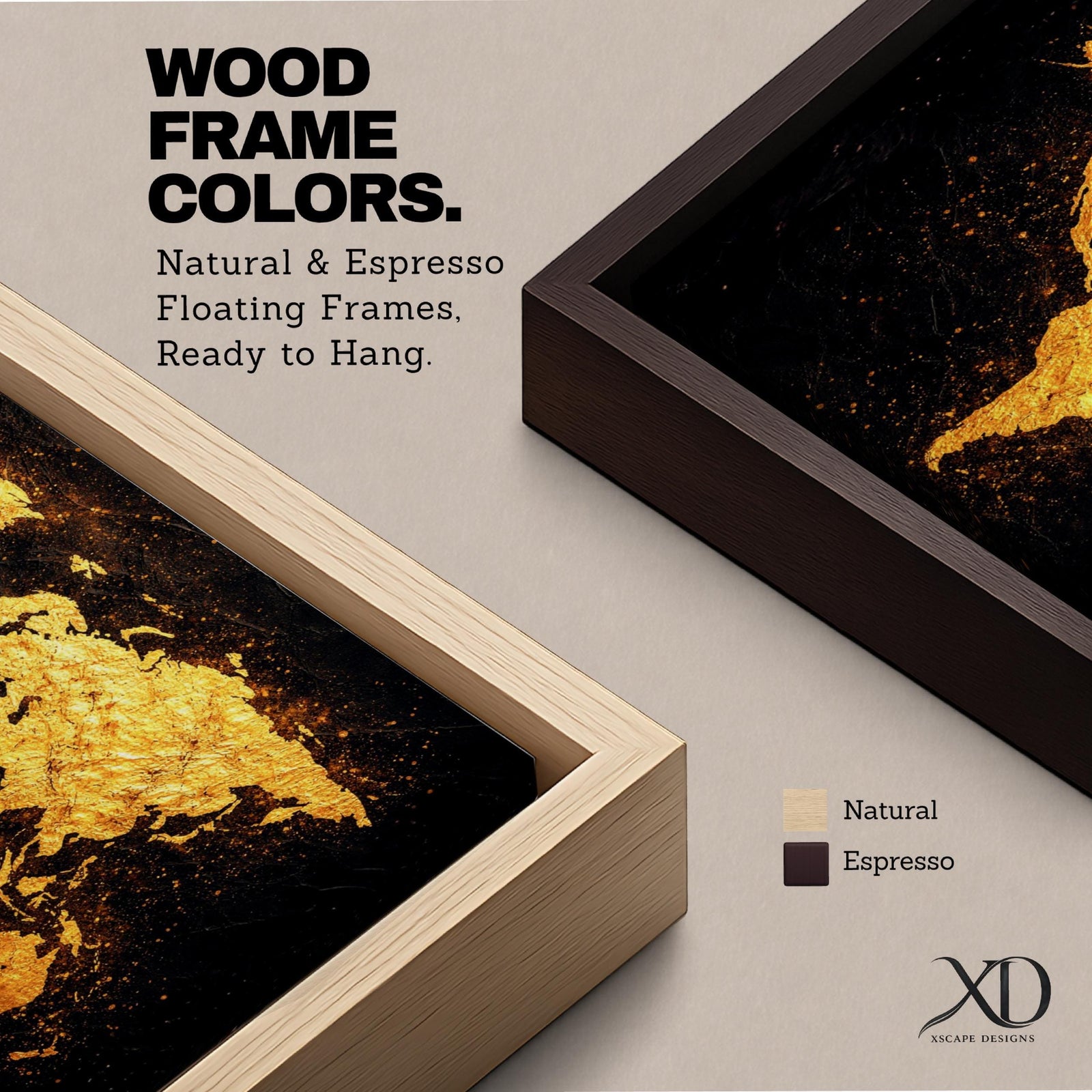 Panoramic artwork of a world map rendered in textured metallic gold against a deep black background. The continents appear with rough painterly edges and splattered gold accents, creating a bold global composition with strong contrast and modern map styling.
