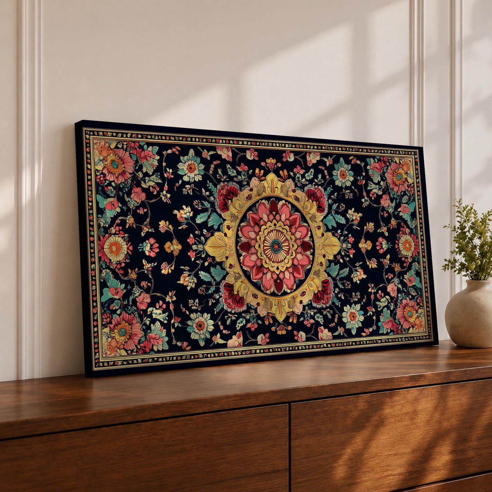 Panoramic decorative artwork inspired by Persian carpet design featuring a central floral medallion surrounded by intricate botanical motifs and symmetrical patterns. The composition includes red, gold, teal, and cream tones arranged across a dark background with ornate borders and repeating floral elements.