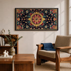 Panoramic decorative artwork inspired by Persian carpet design featuring a central floral medallion surrounded by intricate botanical motifs and symmetrical patterns. The composition includes red, gold, teal, and cream tones arranged across a dark background with ornate borders and repeating floral elements.