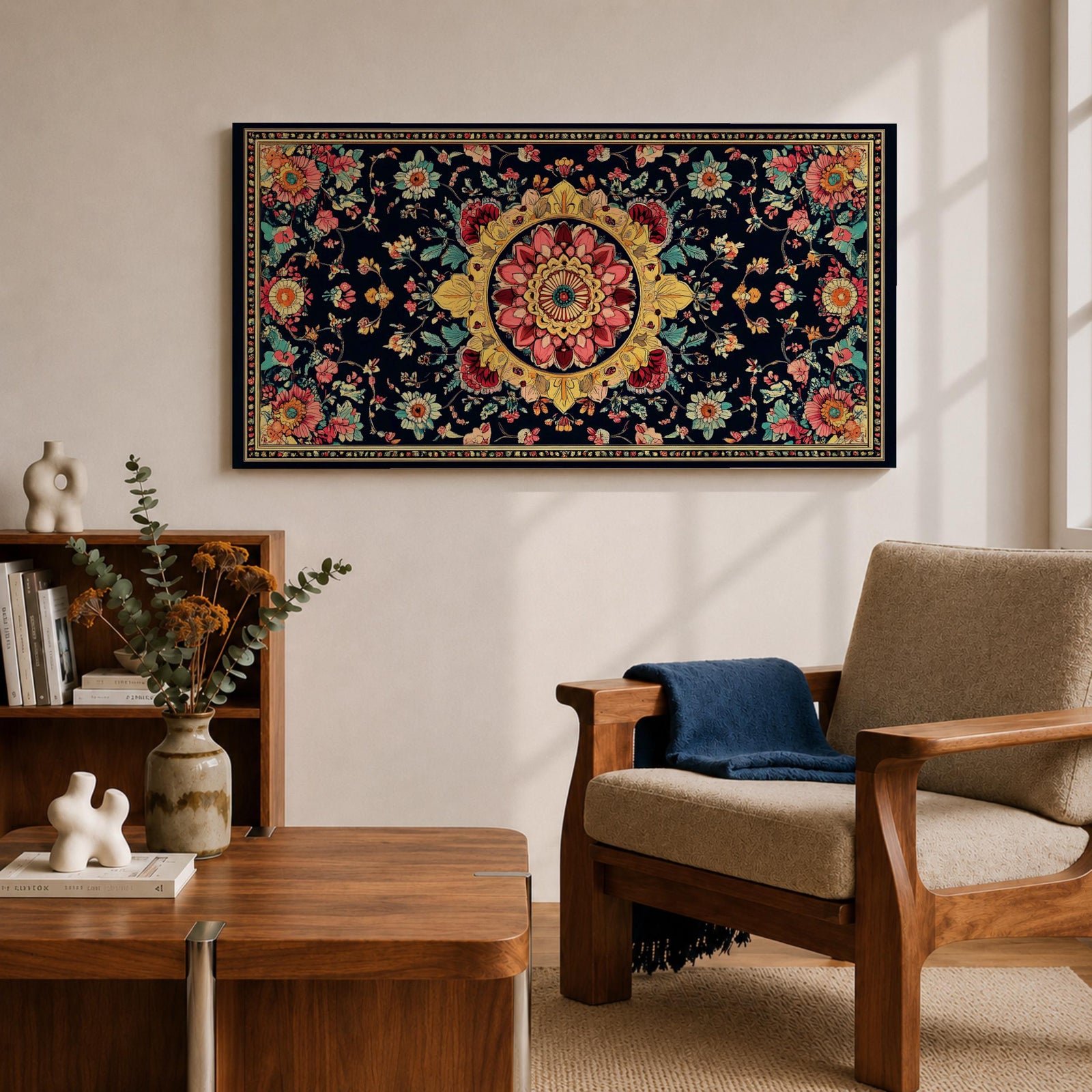 Panoramic decorative artwork inspired by Persian carpet design featuring a central floral medallion surrounded by intricate botanical motifs and symmetrical patterns. The composition includes red, gold, teal, and cream tones arranged across a dark background with ornate borders and repeating floral elements.