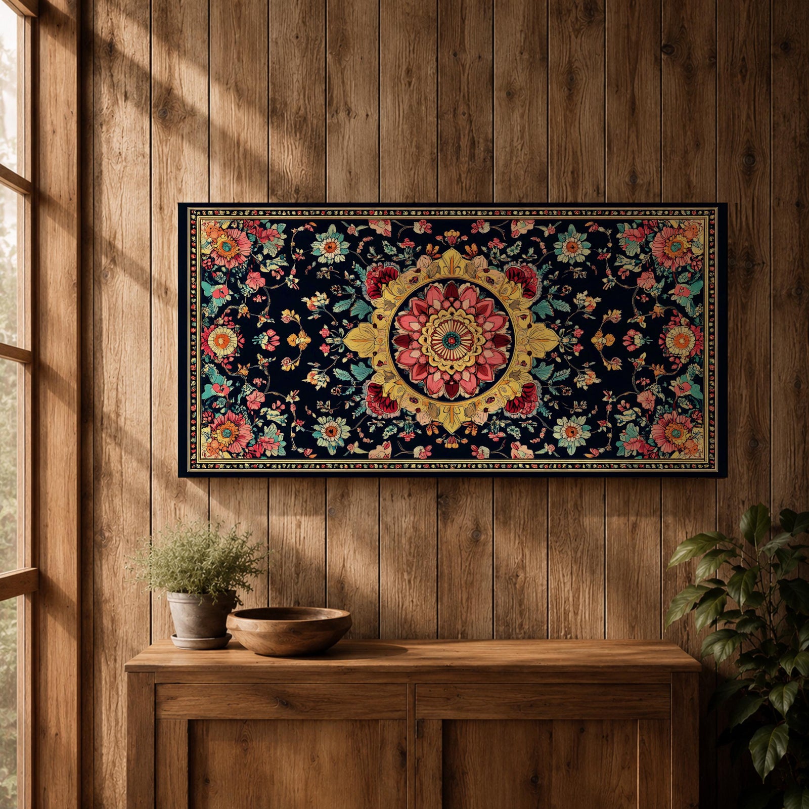 Panoramic decorative artwork inspired by Persian carpet design featuring a central floral medallion surrounded by intricate botanical motifs and symmetrical patterns. The composition includes red, gold, teal, and cream tones arranged across a dark background with ornate borders and repeating floral elements.