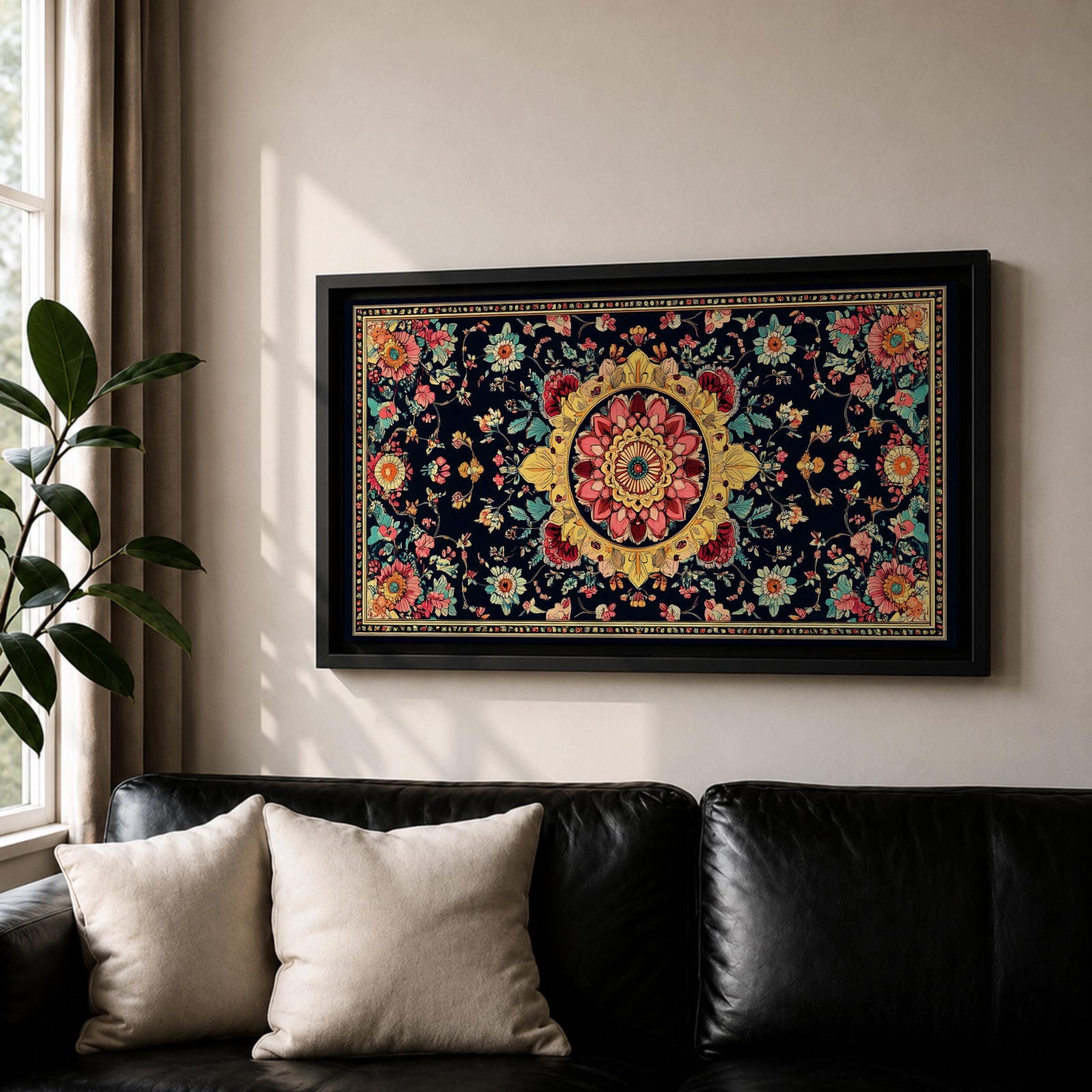 Panoramic decorative artwork inspired by Persian carpet design featuring a central floral medallion surrounded by intricate botanical motifs and symmetrical patterns. The composition includes red, gold, teal, and cream tones arranged across a dark background with ornate borders and repeating floral elements.