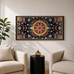 Panoramic decorative artwork inspired by Persian carpet design featuring a central floral medallion surrounded by intricate botanical motifs and symmetrical patterns. The composition includes red, gold, teal, and cream tones arranged across a dark background with ornate borders and repeating floral elements.
