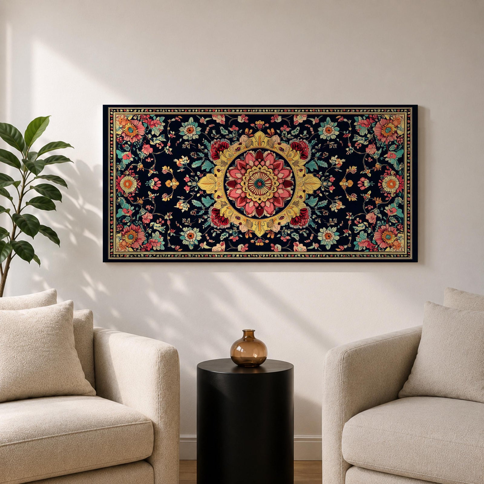 Panoramic decorative artwork inspired by Persian carpet design featuring a central floral medallion surrounded by intricate botanical motifs and symmetrical patterns. The composition includes red, gold, teal, and cream tones arranged across a dark background with ornate borders and repeating floral elements.