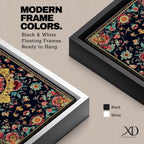 Panoramic decorative artwork inspired by Persian carpet design featuring a central floral medallion surrounded by intricate botanical motifs and symmetrical patterns. The composition includes red, gold, teal, and cream tones arranged across a dark background with ornate borders and repeating floral elements.