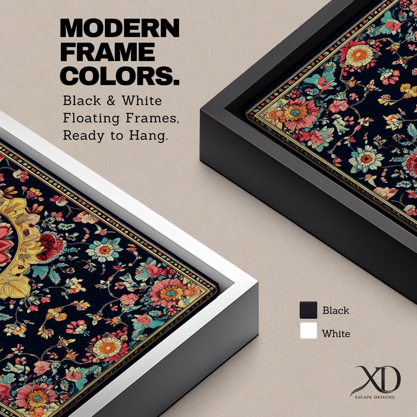 Panoramic decorative artwork inspired by Persian carpet design featuring a central floral medallion surrounded by intricate botanical motifs and symmetrical patterns. The composition includes red, gold, teal, and cream tones arranged across a dark background with ornate borders and repeating floral elements.