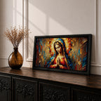 Panoramic textured painting of the Virgin Mary with hands clasped in prayer and a radiant halo behind her head. The composition features expressive palette knife strokes in gold, blue, red, and warm earth tones forming a luminous devotional portrait.