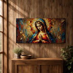 Panoramic textured painting of the Virgin Mary with hands clasped in prayer and a radiant halo behind her head. The composition features expressive palette knife strokes in gold, blue, red, and warm earth tones forming a luminous devotional portrait.