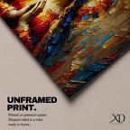 Panoramic textured painting of the Virgin Mary with hands clasped in prayer and a radiant halo behind her head. The composition features expressive palette knife strokes in gold, blue, red, and warm earth tones forming a luminous devotional portrait.