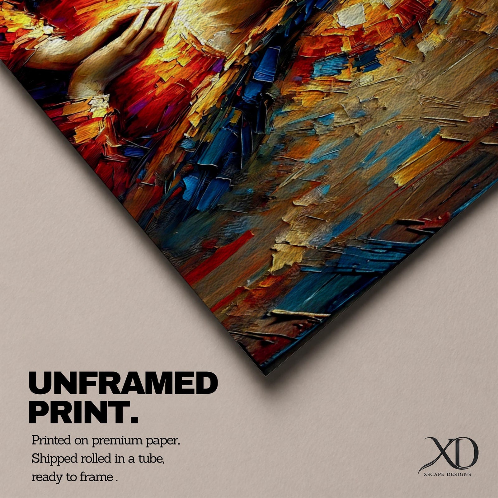 Panoramic textured painting of the Virgin Mary with hands clasped in prayer and a radiant halo behind her head. The composition features expressive palette knife strokes in gold, blue, red, and warm earth tones forming a luminous devotional portrait.