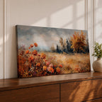 Panoramic landscape painting of an autumn meadow filled with orange wildflowers and golden grasses stretching toward a distant treeline. Soft textured brushstrokes depict fall foliage and a muted cloudy sky, creating a warm countryside scene with natural seasonal colors.