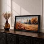 Panoramic landscape painting of an autumn meadow filled with orange wildflowers and golden grasses stretching toward a distant treeline. Soft textured brushstrokes depict fall foliage and a muted cloudy sky, creating a warm countryside scene with natural seasonal colors.