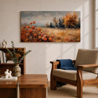 Panoramic landscape painting of an autumn meadow filled with orange wildflowers and golden grasses stretching toward a distant treeline. Soft textured brushstrokes depict fall foliage and a muted cloudy sky, creating a warm countryside scene with natural seasonal colors.