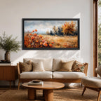 Panoramic landscape painting of an autumn meadow filled with orange wildflowers and golden grasses stretching toward a distant treeline. Soft textured brushstrokes depict fall foliage and a muted cloudy sky, creating a warm countryside scene with natural seasonal colors.