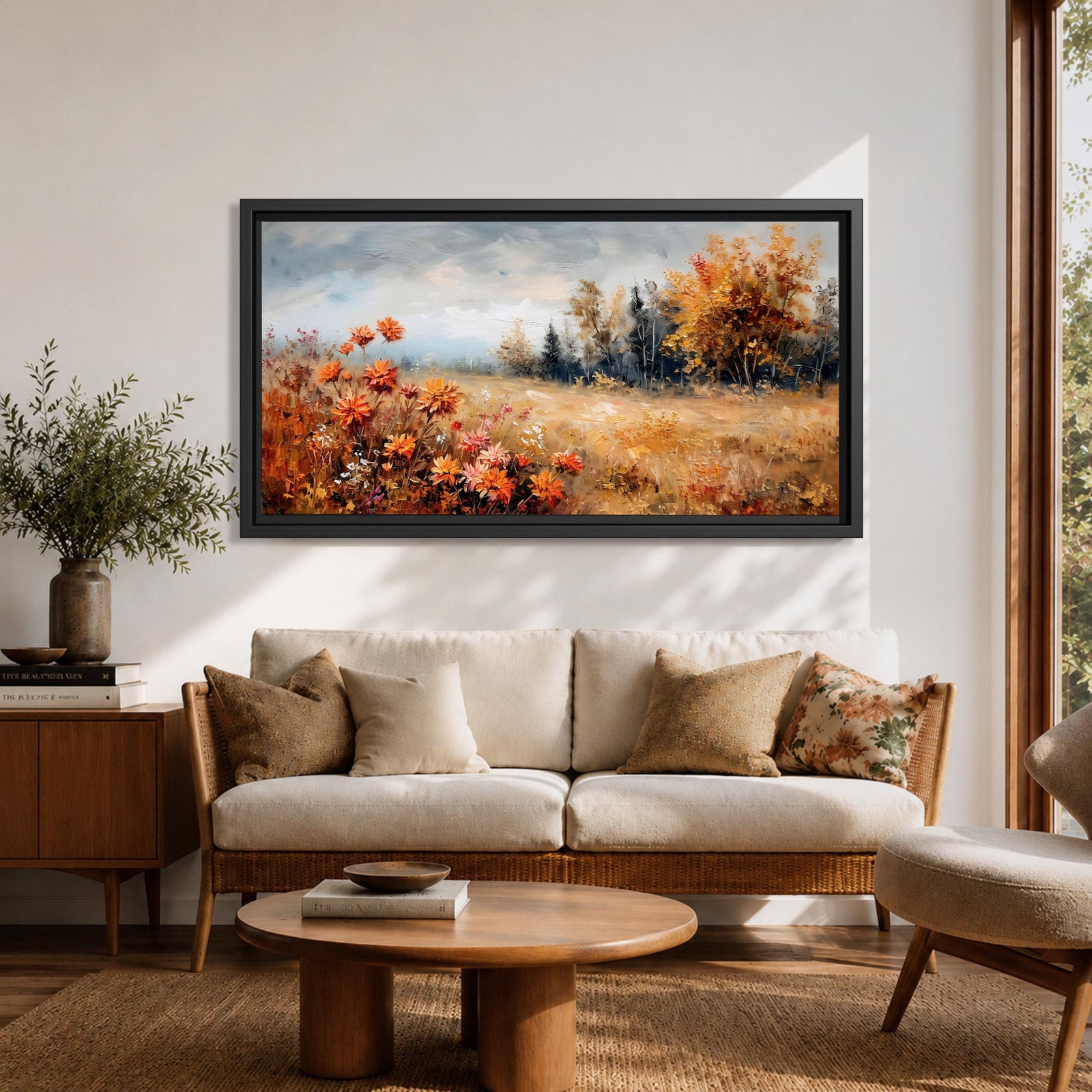 Panoramic landscape painting of an autumn meadow filled with orange wildflowers and golden grasses stretching toward a distant treeline. Soft textured brushstrokes depict fall foliage and a muted cloudy sky, creating a warm countryside scene with natural seasonal colors.