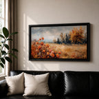 Panoramic landscape painting of an autumn meadow filled with orange wildflowers and golden grasses stretching toward a distant treeline. Soft textured brushstrokes depict fall foliage and a muted cloudy sky, creating a warm countryside scene with natural seasonal colors.