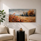 Panoramic landscape painting of an autumn meadow filled with orange wildflowers and golden grasses stretching toward a distant treeline. Soft textured brushstrokes depict fall foliage and a muted cloudy sky, creating a warm countryside scene with natural seasonal colors.