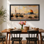 Panoramic painting of the Dome of the Rock in Jerusalem with its golden dome rising above historic stone architecture and surrounding courtyards. The composition shows nearby minarets and trees beneath a warm sky, rendered with expressive brushstrokes in earthy and golden tones.