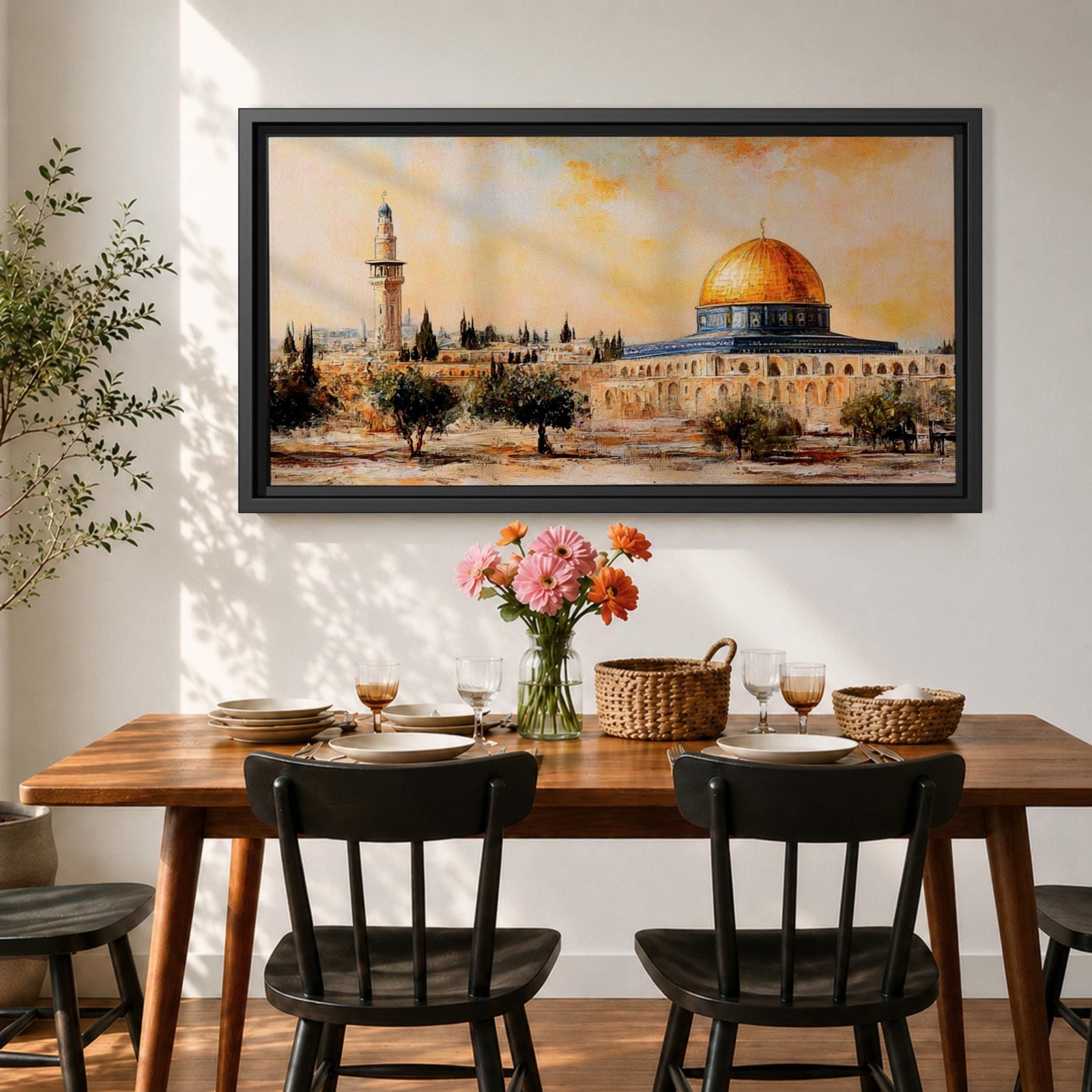 Panoramic painting of the Dome of the Rock in Jerusalem with its golden dome rising above historic stone architecture and surrounding courtyards. The composition shows nearby minarets and trees beneath a warm sky, rendered with expressive brushstrokes in earthy and golden tones.