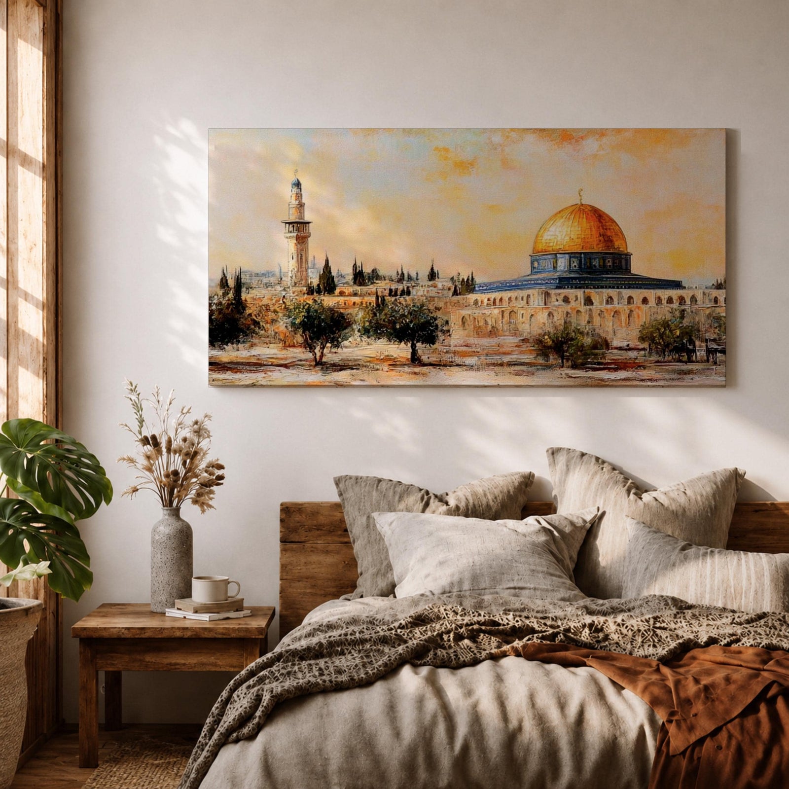 Panoramic painting of the Dome of the Rock in Jerusalem with its golden dome rising above historic stone architecture and surrounding courtyards. The composition shows nearby minarets and trees beneath a warm sky, rendered with expressive brushstrokes in earthy and golden tones.