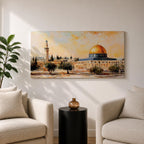 Panoramic painting of the Dome of the Rock in Jerusalem with its golden dome rising above historic stone architecture and surrounding courtyards. The composition shows nearby minarets and trees beneath a warm sky, rendered with expressive brushstrokes in earthy and golden tones.