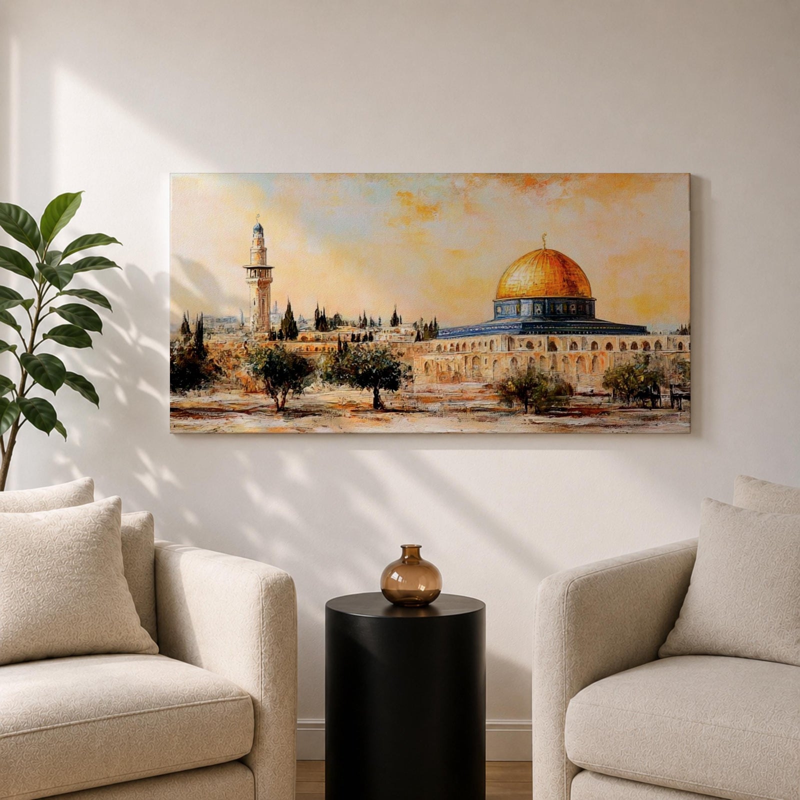 Panoramic painting of the Dome of the Rock in Jerusalem with its golden dome rising above historic stone architecture and surrounding courtyards. The composition shows nearby minarets and trees beneath a warm sky, rendered with expressive brushstrokes in earthy and golden tones.
