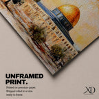 Panoramic painting of the Dome of the Rock in Jerusalem with its golden dome rising above historic stone architecture and surrounding courtyards. The composition shows nearby minarets and trees beneath a warm sky, rendered with expressive brushstrokes in earthy and golden tones.