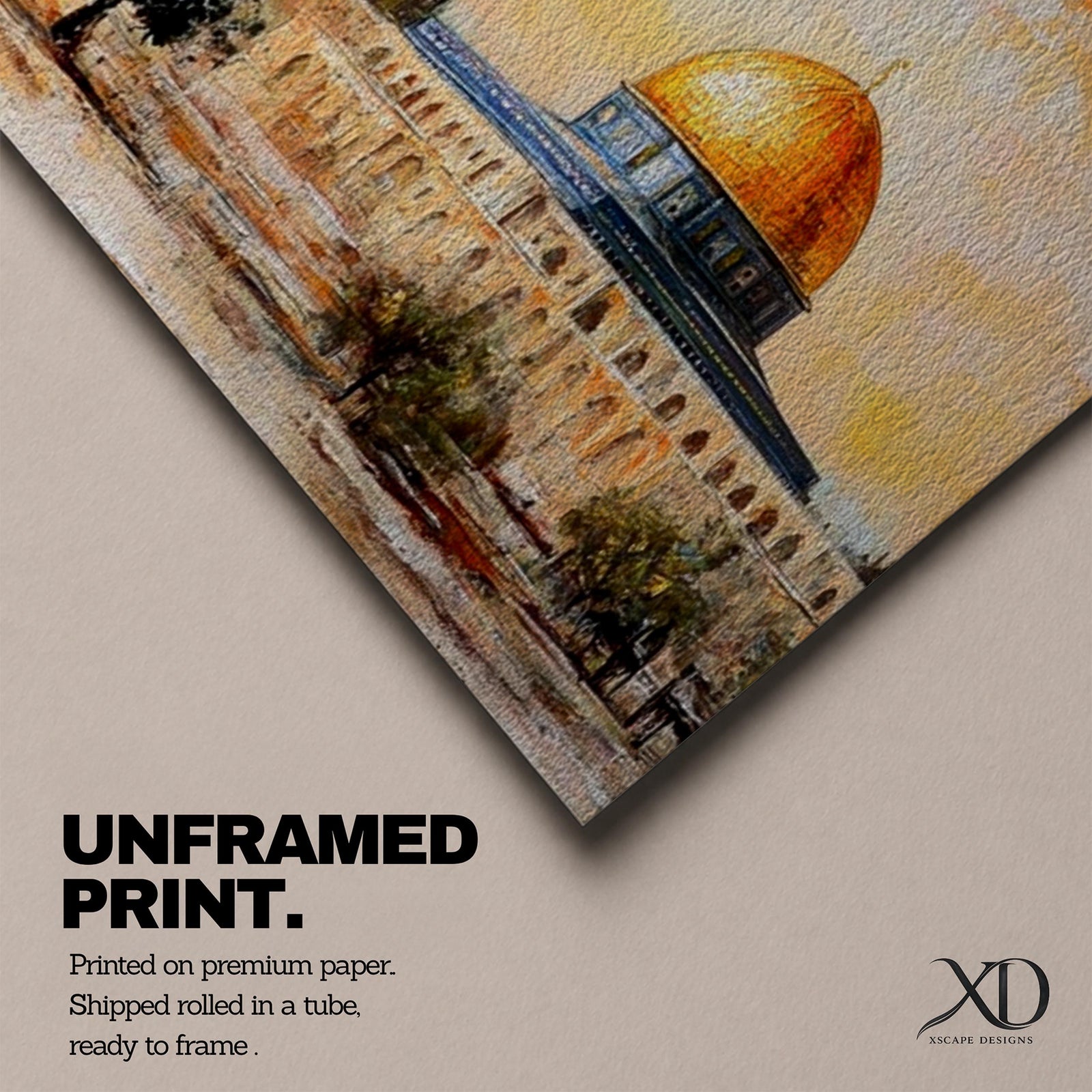 Panoramic painting of the Dome of the Rock in Jerusalem with its golden dome rising above historic stone architecture and surrounding courtyards. The composition shows nearby minarets and trees beneath a warm sky, rendered with expressive brushstrokes in earthy and golden tones.