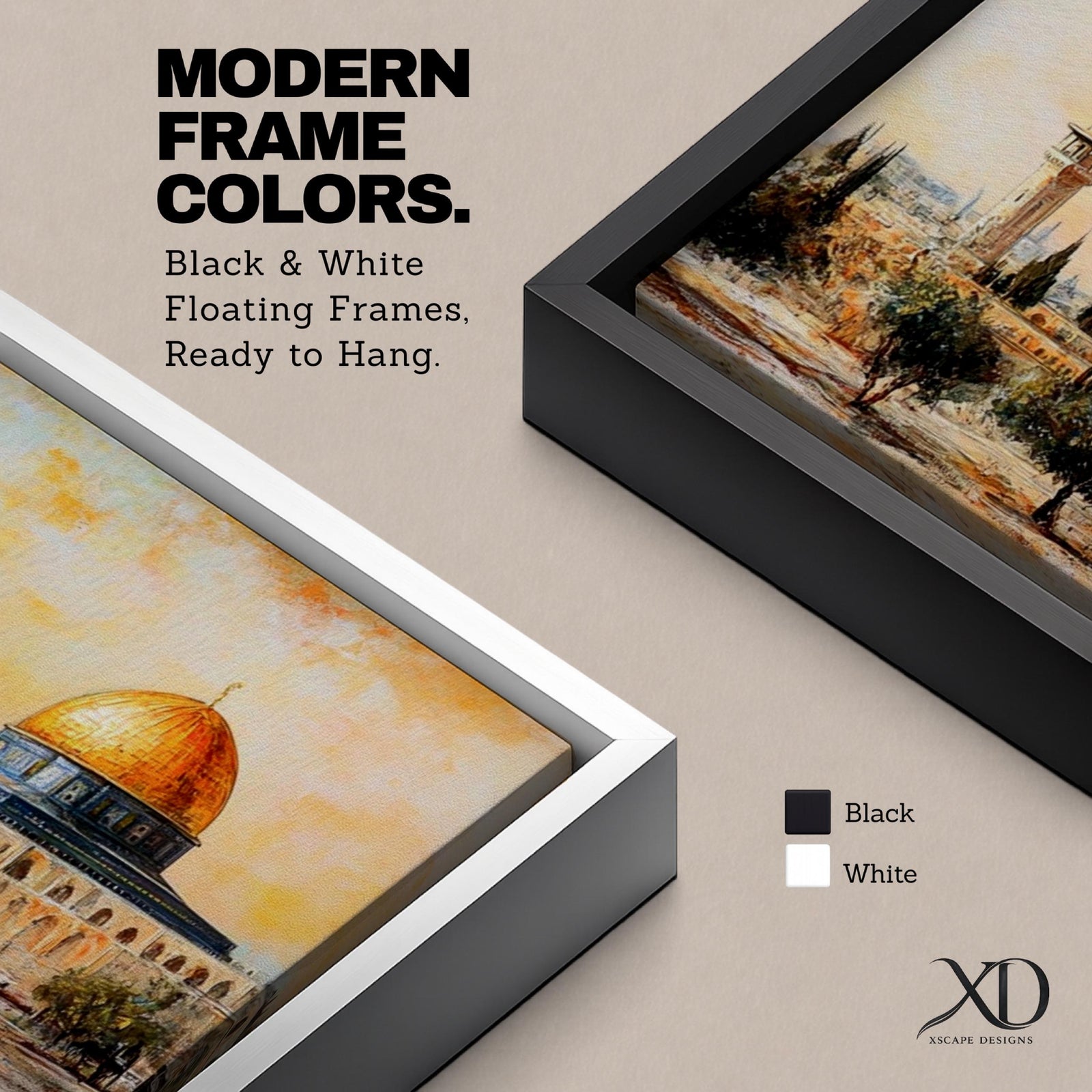 Panoramic painting of the Dome of the Rock in Jerusalem with its golden dome rising above historic stone architecture and surrounding courtyards. The composition shows nearby minarets and trees beneath a warm sky, rendered with expressive brushstrokes in earthy and golden tones.