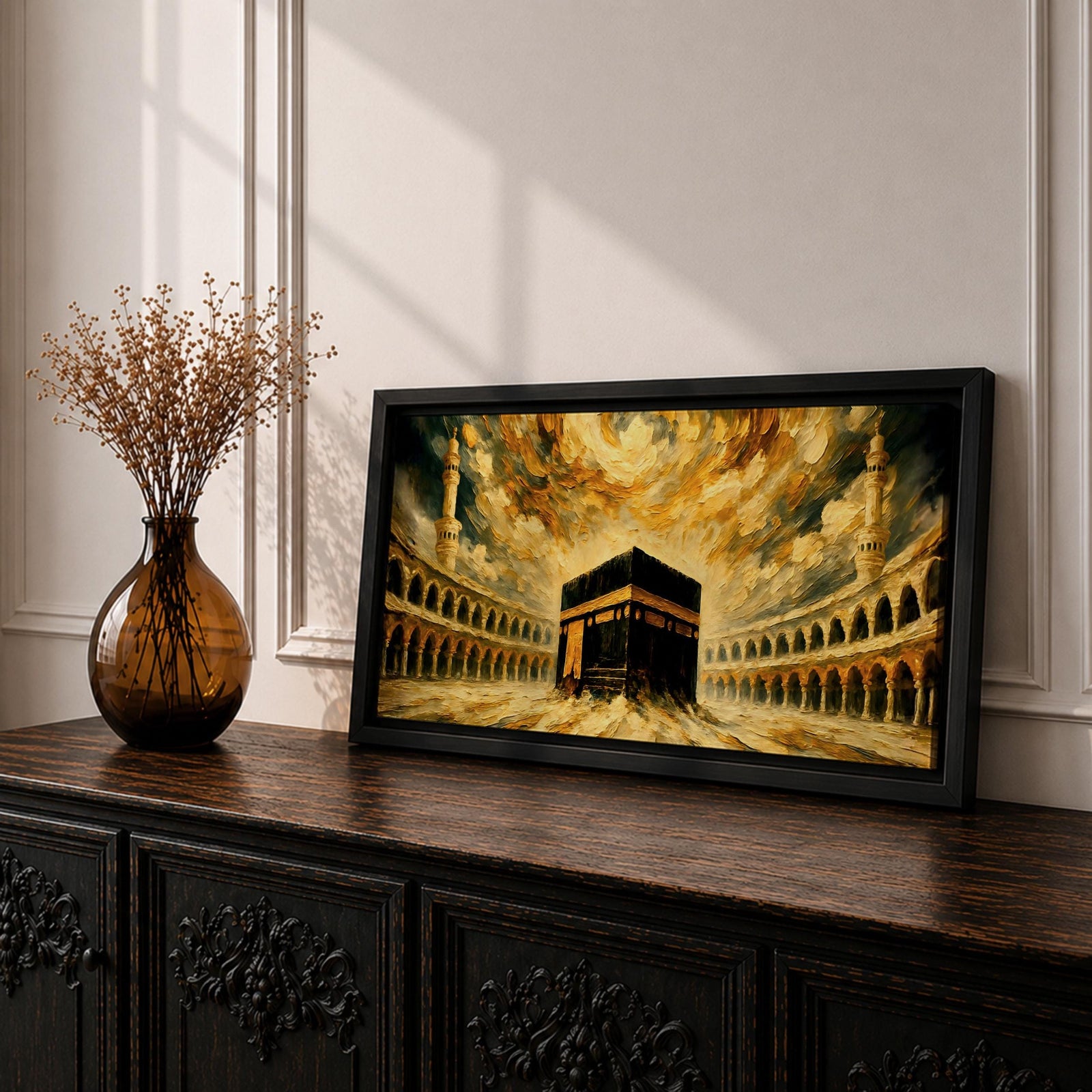 Panoramic painting of the Kaaba at the center of Masjid al Haram courtyard surrounded by mosque arches and tall minarets. Dramatic golden clouds swirl above the sacred structure while expressive brushstrokes in warm gold and dark tones create a powerful architectural composition.