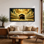 Panoramic painting of the Kaaba at the center of Masjid al Haram courtyard surrounded by mosque arches and tall minarets. Dramatic golden clouds swirl above the sacred structure while expressive brushstrokes in warm gold and dark tones create a powerful architectural composition.