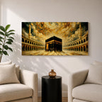 Panoramic painting of the Kaaba at the center of Masjid al Haram courtyard surrounded by mosque arches and tall minarets. Dramatic golden clouds swirl above the sacred structure while expressive brushstrokes in warm gold and dark tones create a powerful architectural composition.