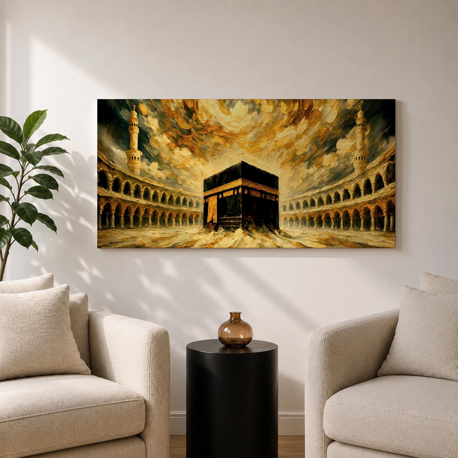 Panoramic painting of the Kaaba at the center of Masjid al Haram courtyard surrounded by mosque arches and tall minarets. Dramatic golden clouds swirl above the sacred structure while expressive brushstrokes in warm gold and dark tones create a powerful architectural composition.