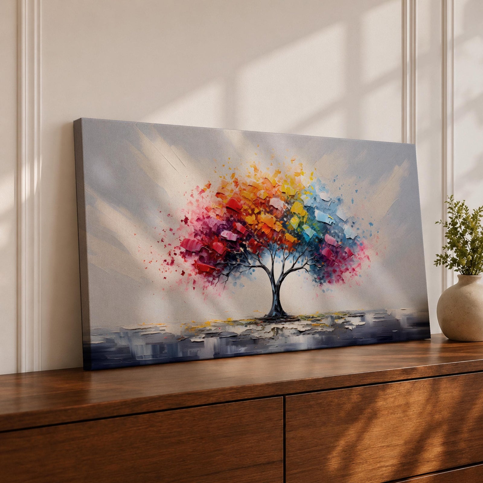 Panoramic abstract painting of a solitary tree with a vibrant multicolored canopy formed by expressive palette knife strokes. Bright red, yellow, blue, and pink leaves burst outward against a soft neutral background while the dark trunk anchors the composition.