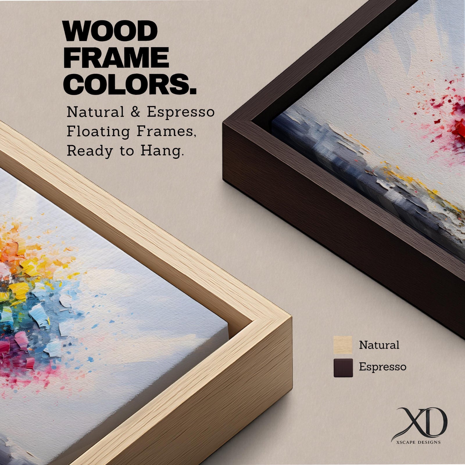 Panoramic abstract painting of a solitary tree with a vibrant multicolored canopy formed by expressive palette knife strokes. Bright red, yellow, blue, and pink leaves burst outward against a soft neutral background while the dark trunk anchors the composition.