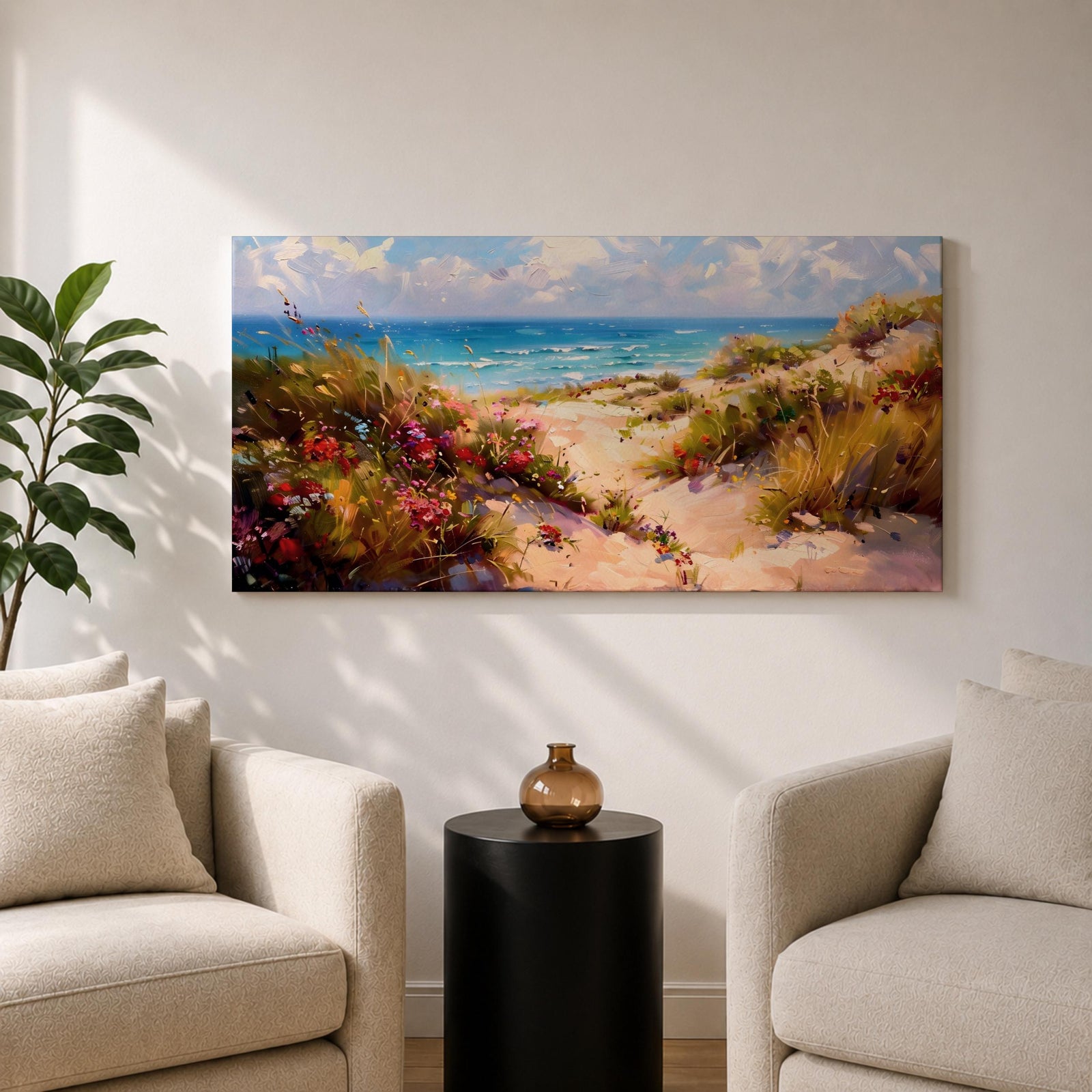 Panoramic coastal landscape painting of sandy beach dunes leading toward turquoise ocean waves under a bright sky. Tall grasses and colorful wildflowers line a winding path through the dunes, painted with loose textured brushstrokes capturing sunlight, sea breeze, and shoreline scenery.