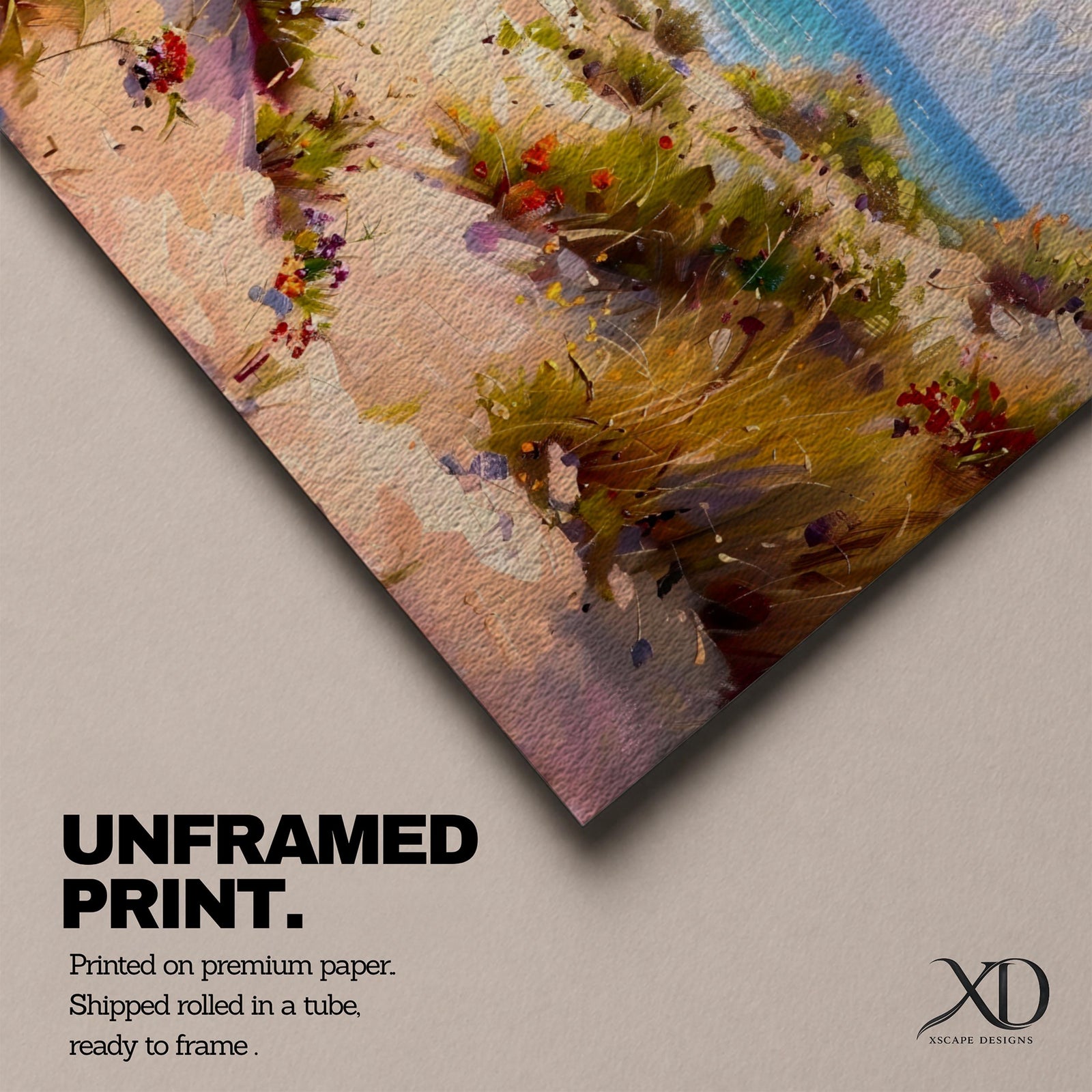 Panoramic coastal landscape painting of sandy beach dunes leading toward turquoise ocean waves under a bright sky. Tall grasses and colorful wildflowers line a winding path through the dunes, painted with loose textured brushstrokes capturing sunlight, sea breeze, and shoreline scenery.