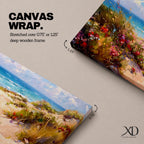 Panoramic coastal landscape painting of sandy beach dunes leading toward turquoise ocean waves under a bright sky. Tall grasses and colorful wildflowers line a winding path through the dunes, painted with loose textured brushstrokes capturing sunlight, sea breeze, and shoreline scenery.