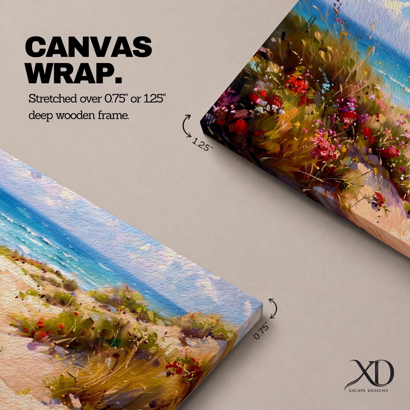 Panoramic coastal landscape painting of sandy beach dunes leading toward turquoise ocean waves under a bright sky. Tall grasses and colorful wildflowers line a winding path through the dunes, painted with loose textured brushstrokes capturing sunlight, sea breeze, and shoreline scenery.