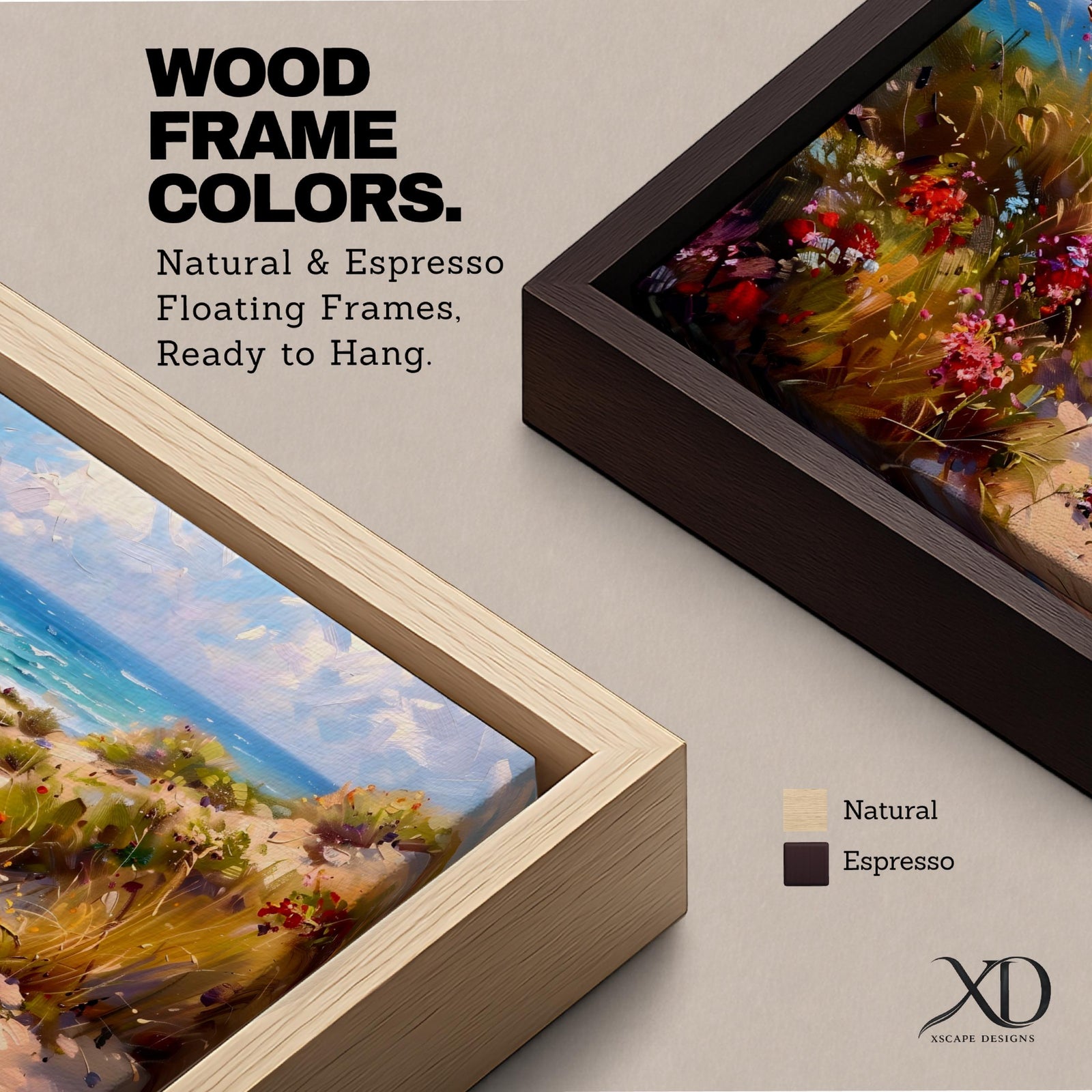Panoramic coastal landscape painting of sandy beach dunes leading toward turquoise ocean waves under a bright sky. Tall grasses and colorful wildflowers line a winding path through the dunes, painted with loose textured brushstrokes capturing sunlight, sea breeze, and shoreline scenery.