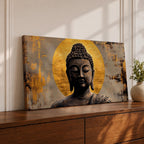 Panoramic painting of a serene Buddha portrait with closed eyes and calm expression set before a radiant golden halo. The composition features textured brushwork in dark bronze tones contrasted against metallic gold accents and an abstract background.