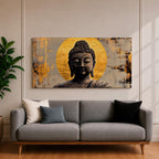 Panoramic painting of a serene Buddha portrait with closed eyes and calm expression set before a radiant golden halo. The composition features textured brushwork in dark bronze tones contrasted against metallic gold accents and an abstract background.