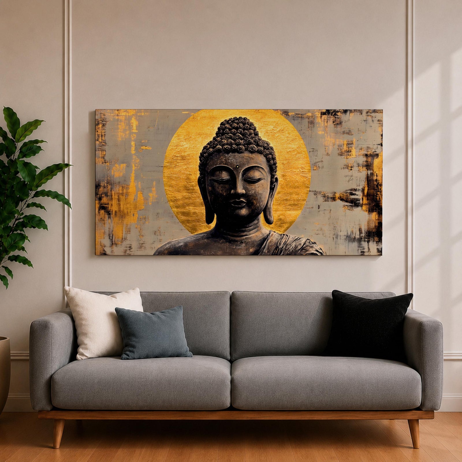 Panoramic painting of a serene Buddha portrait with closed eyes and calm expression set before a radiant golden halo. The composition features textured brushwork in dark bronze tones contrasted against metallic gold accents and an abstract background.