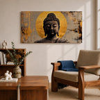 Panoramic painting of a serene Buddha portrait with closed eyes and calm expression set before a radiant golden halo. The composition features textured brushwork in dark bronze tones contrasted against metallic gold accents and an abstract background.